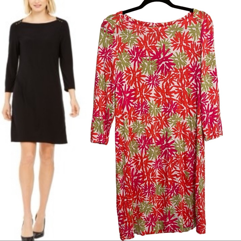 Pappagallo Button-Detail Dress Melon Multi Pink Lady Print Size Medium NWT